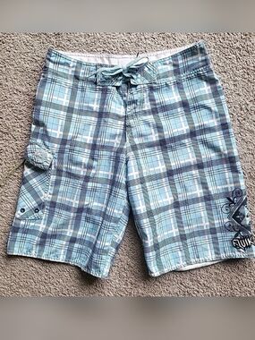 Quiksilver Swim Shorts 30 Blue Plaid Unlined Cargo Pocket Hybrid Board Trunks